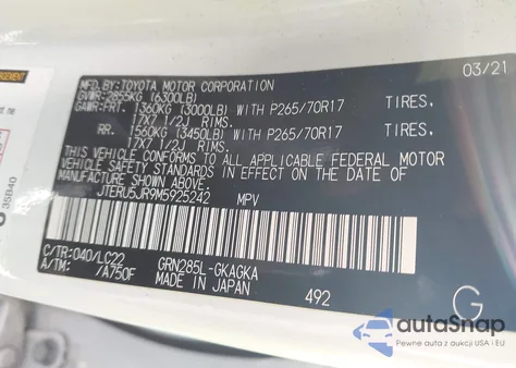 2021 Toyota 4Runner Trd Off Road Premium z USA, uszkodzony, nr VIN JTERU5JR9M5925242